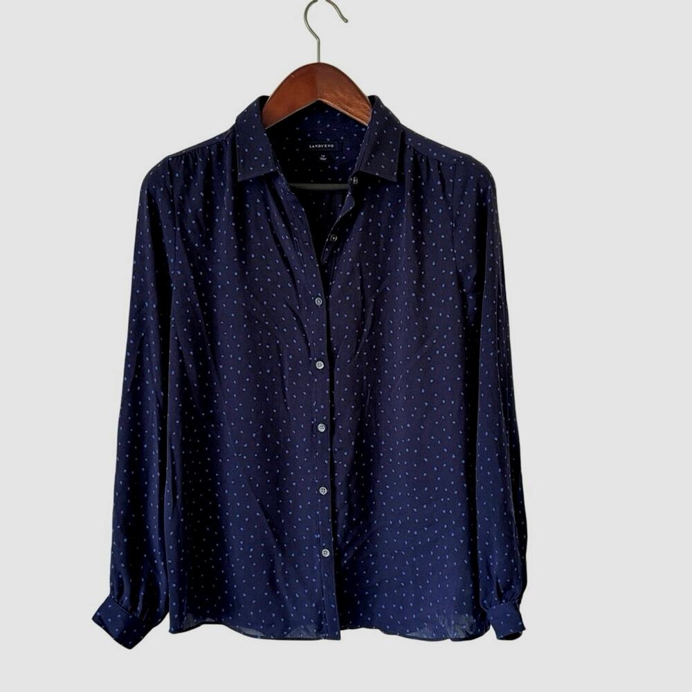 Lands’ End Women’s Size 14 Navy Blue Dot Button Front Long Sleeve Blouse